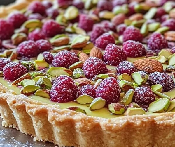 dessert français - Tarte amande pistache framboise